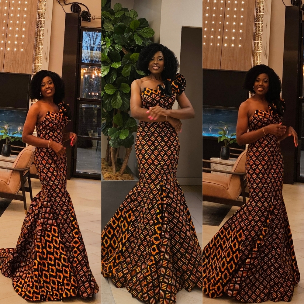 Elegant African Print One-Shoulder Gown